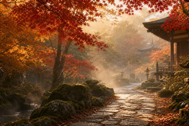 A misty autumn temple path in Kyoto, red maples overhead and a stone lantern beside wet paving.